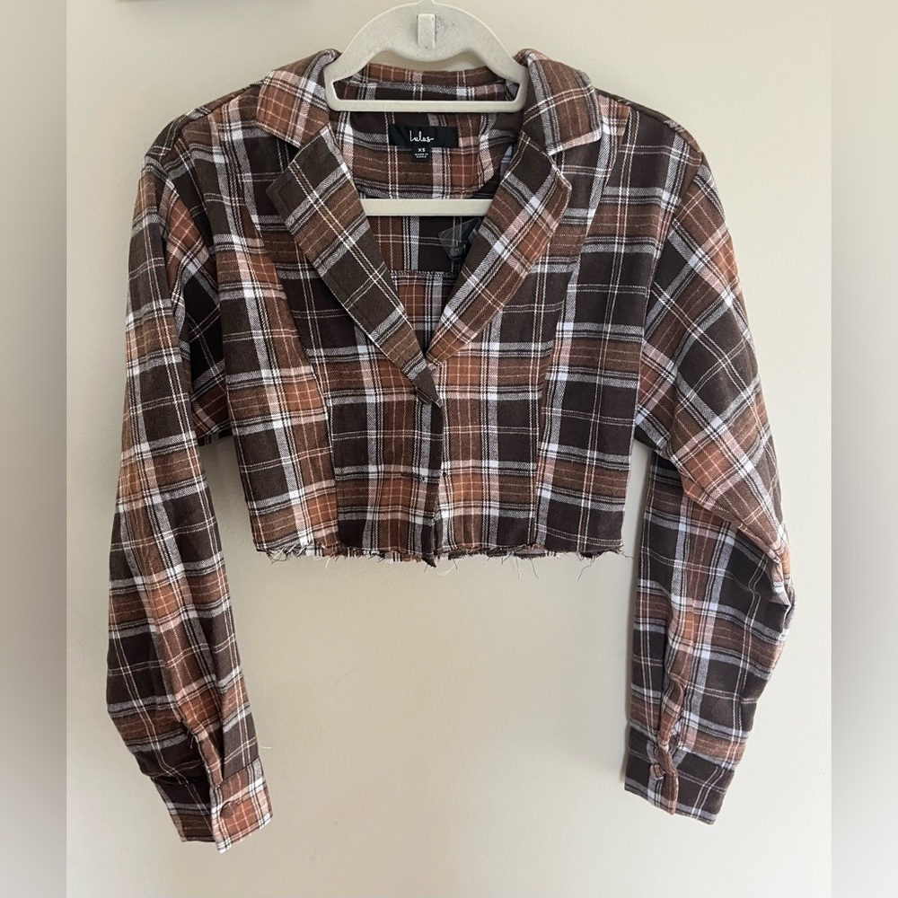 Lulus Cropped Distressed Plaid Flannel See Description Brown XS
